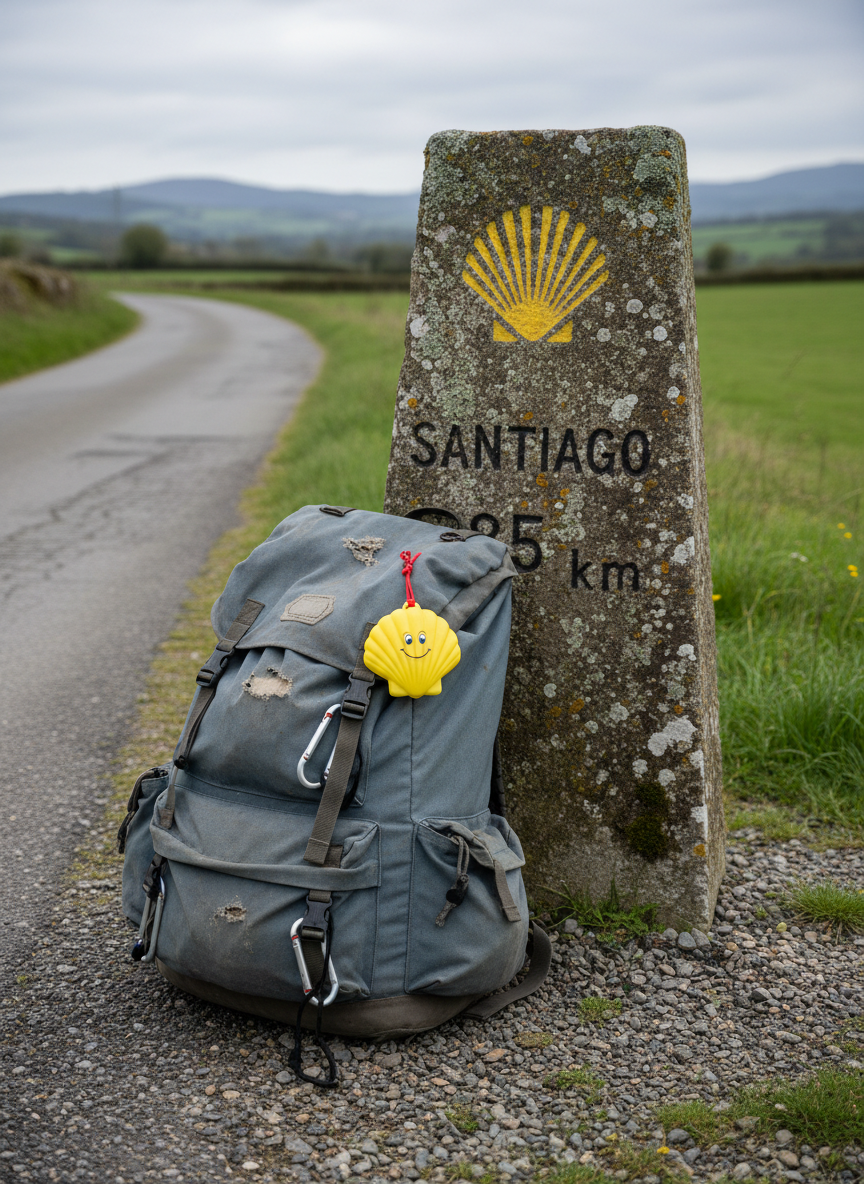 A close-up of a well-used pilgrim’s backpack resting against a mossy stone milestone marked with the yellow Camino shell and distance numbers, on a gravel shoulder beside a narrow rural road. The backpack fabric shows creases, faded color patches, and dangling metal clips, with a bright, cheerful scallop shell charm attached. Soft overcast light creates diffused, even illumination, enhancing textures without harsh shadows. The background reveals green meadows and distant hills in gentle blur. Shot from a slightly low angle to emphasize the milestone, with a shallow depth of field and playful, documentary-style photographic realism, suggesting stories and tips from the journey without showing any people.