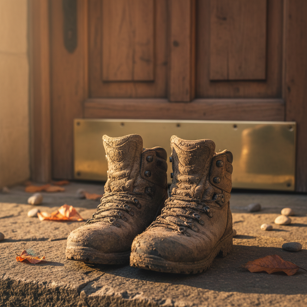A pair of dusty, mud-splattered hiking boots placed neatly side by side on an old stone doorstep, with a polished brass door threshold and a rustic wooden door behind them. Tiny pebbles and a sprinkling of dry leaves surround the boots, hinting at a long Camino stage just completed. Warm evening light slants in from the left, creating soft highlights on the leather creases and casting elongated, cozy shadows. The composition uses a tight, centered frame with shallow depth of field, the background door slightly blurred but still textured. The mood is playful yet contemplative, in realistic photographic style, evoking rest, small victories, and intimate stories from the way.