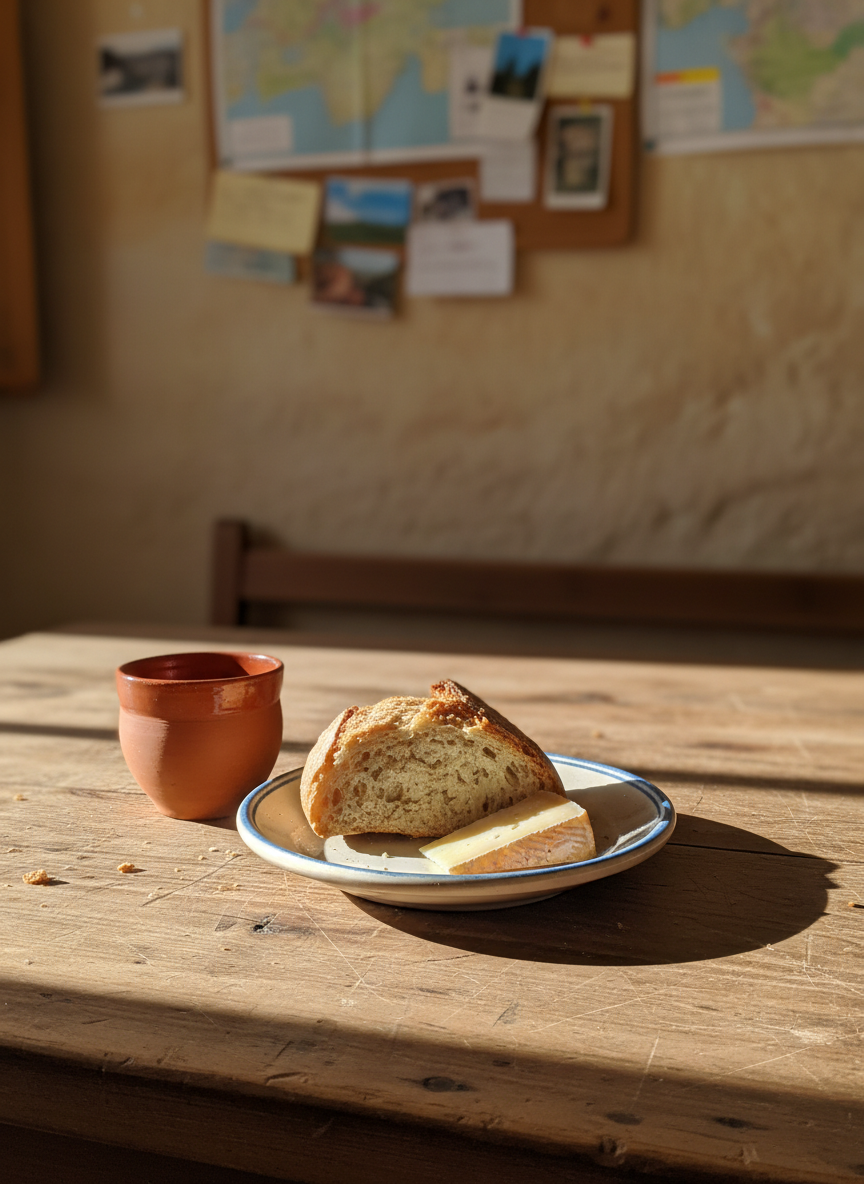 A simple wooden table in a rustic Spanish albergue dining room, holding a single ceramic plate with crusty bread, a small wedge of Manchego cheese, and a terracotta cup of red wine. The table surface is scarred and sun-bleached, with faint knife marks and crumbs scattered around. In the background, faded camino maps and pinned notes decorate a rough plaster wall, softly out of focus. Late afternoon sunlight enters through an unseen window, casting warm, diagonal beams and gentle shadows across the scene. Photographed from a slightly elevated angle with rule-of-thirds composition, the image feels inviting, playful, and authentic, in natural photographic realism, perfect for illustrating food, tips, and shared Camino stories—without any people present.